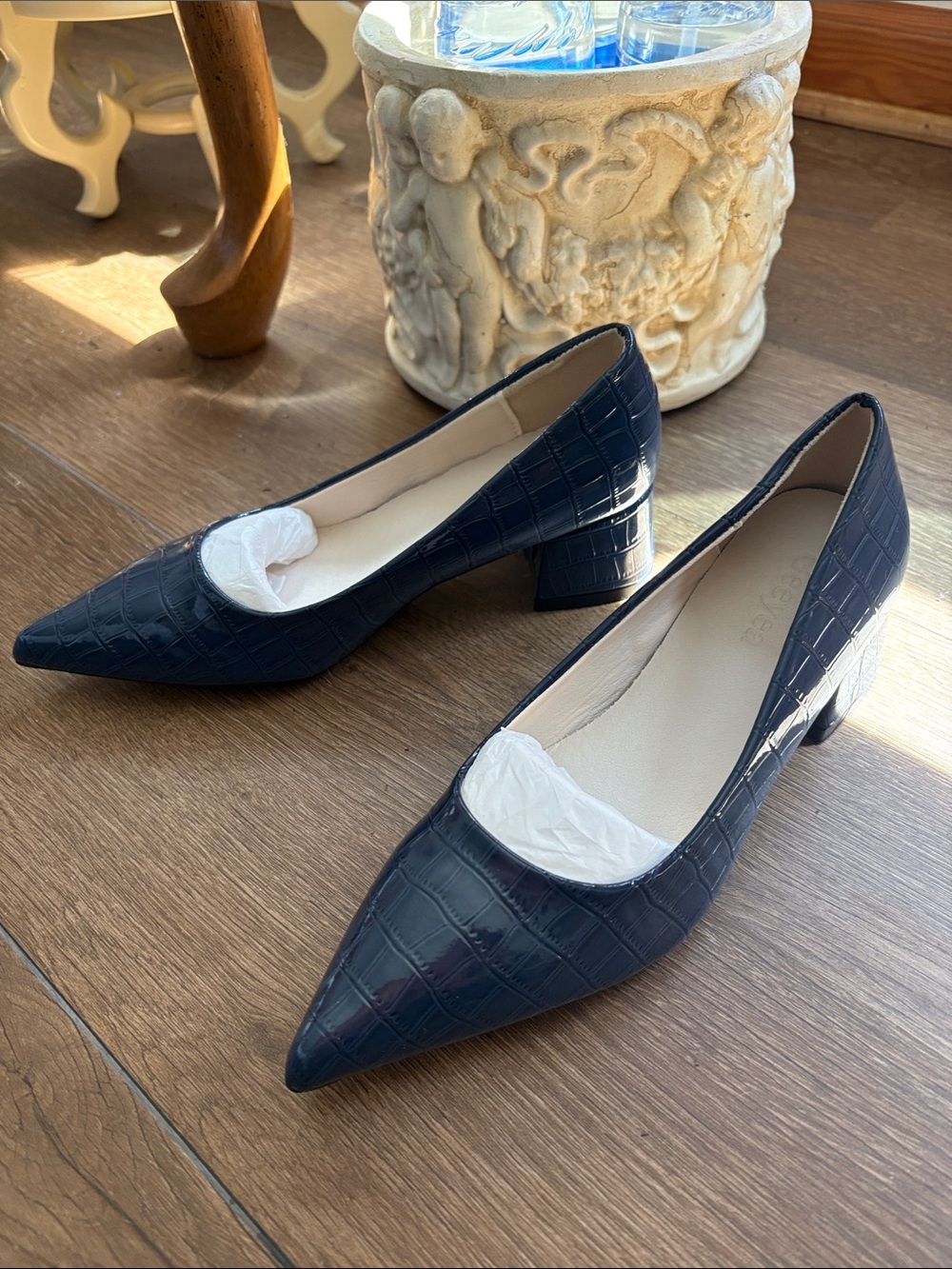 Croc-Embossed Pointed Block Heel Pumps in Navy
